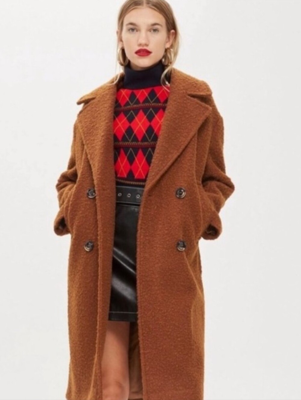 Topshop Oversized Boucle Cocoon Cognac Teddy Coat